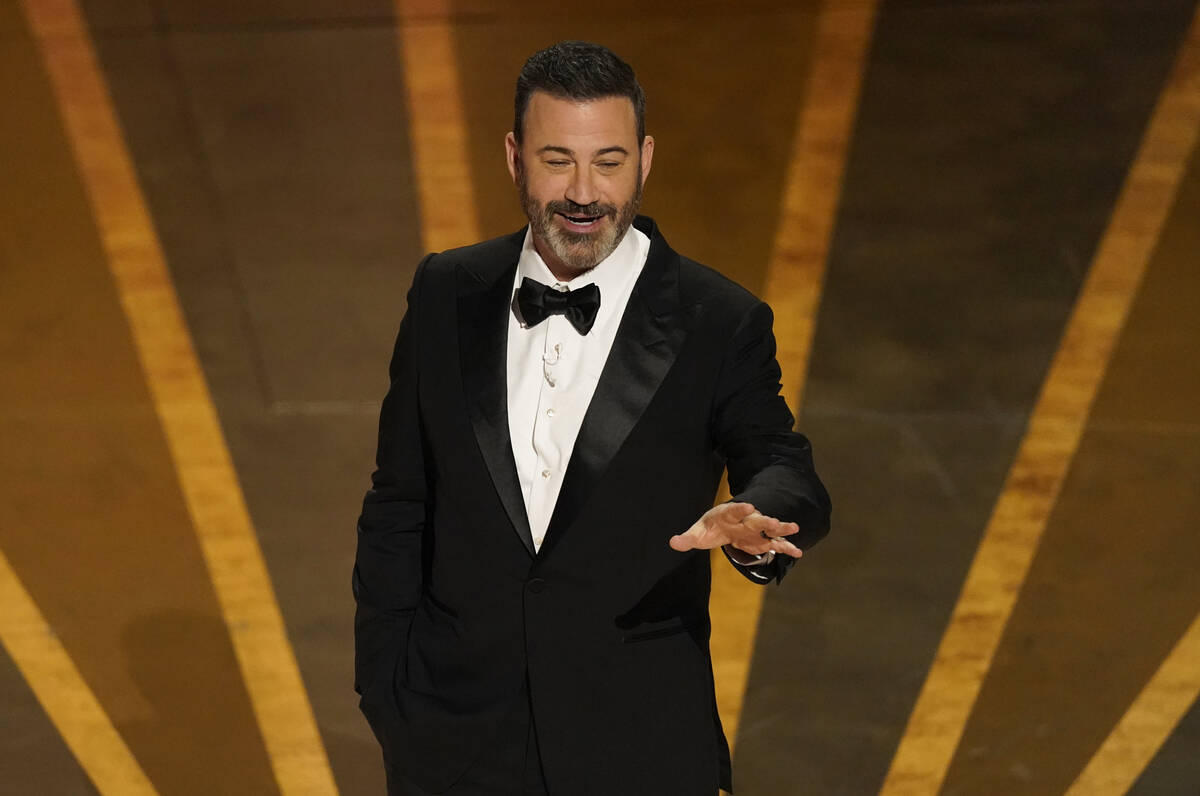 FILE - Host Jimmy Kimmel speaks at the Oscars, March 12, 2023, at the Dolby Theatre in Los Ange ...