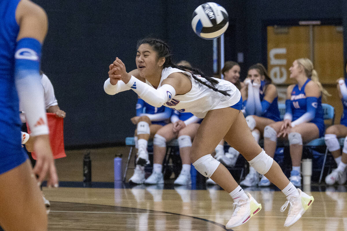 Bishop Gorman sophomore Chloe Lopez (13) competes during the volleyball match against Foothill ...