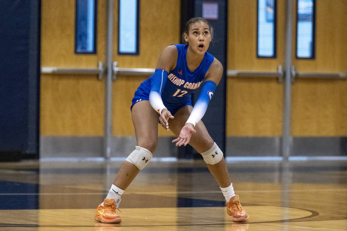 Bishop Gorman junior Brooklynn Williams (12) prepares for the ball during the volleyball match ...