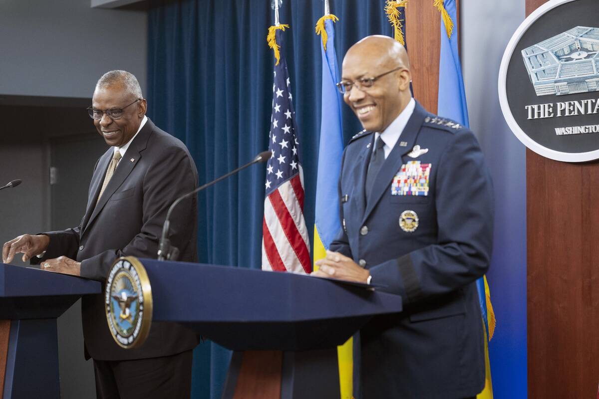 Defense Secretary Lloyd Austin, left, and Chairman of the Joint Chiefs of Staff Gen. CQ Brown J ...