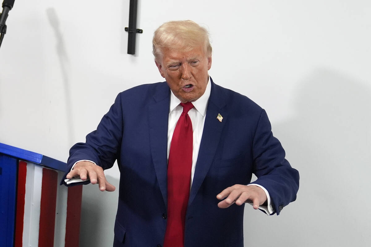 Republican presidential nominee former President Donald Trump speaks during a stop at a campaig ...