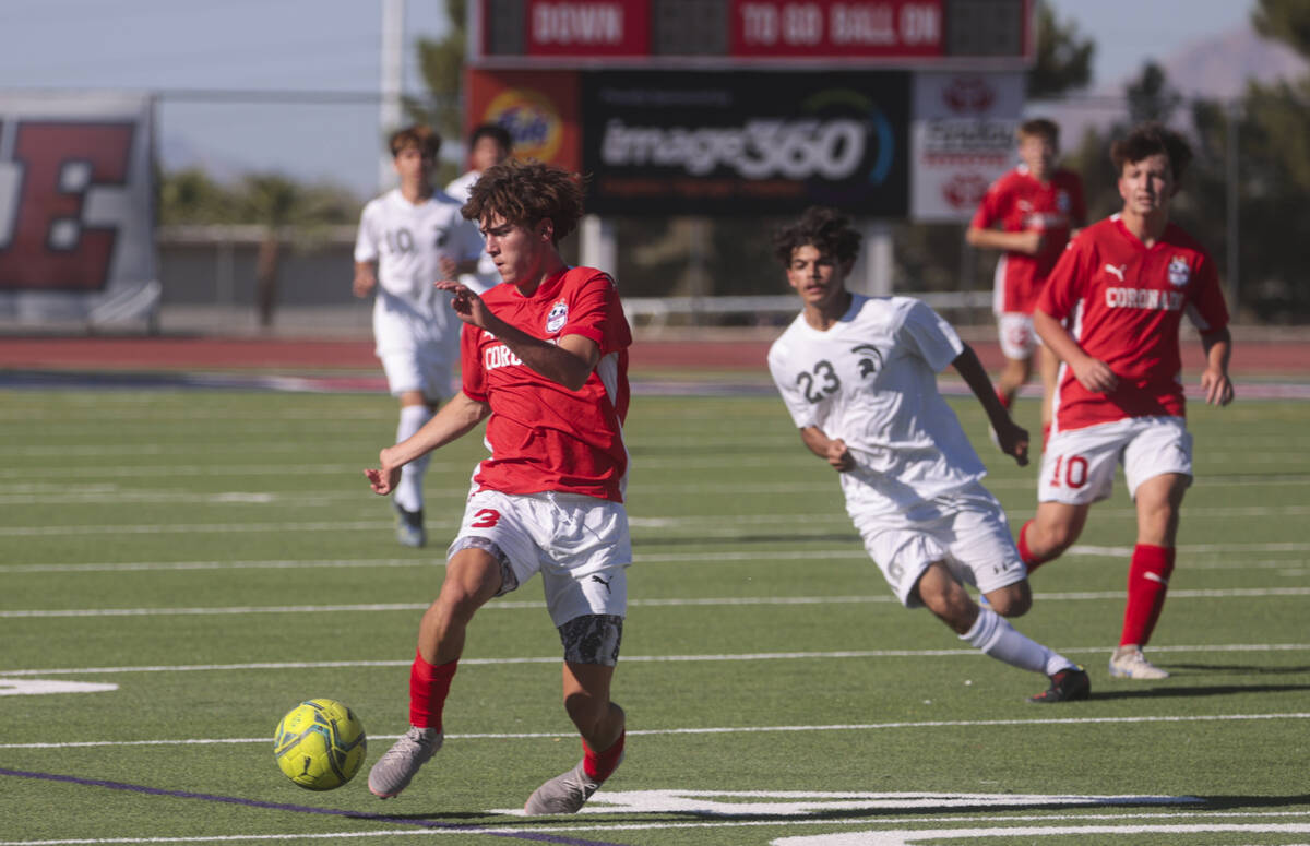 Coronado's Grayson Elisaldez (3) moves the ball against Cimarron-Memorial during a soccer game ...