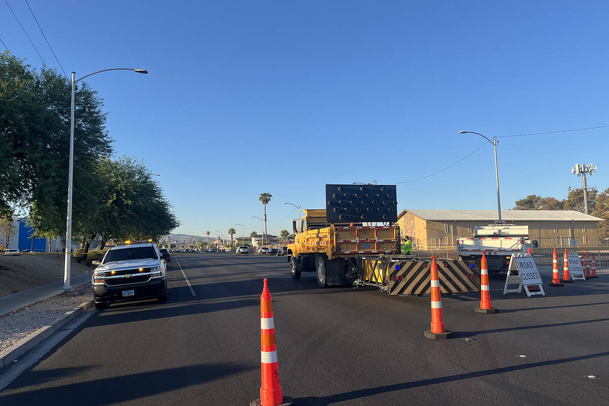 Police investigate a homicide on the 4400 block of South Nellis Boulevard on Wednesday, Aug. 28 ...