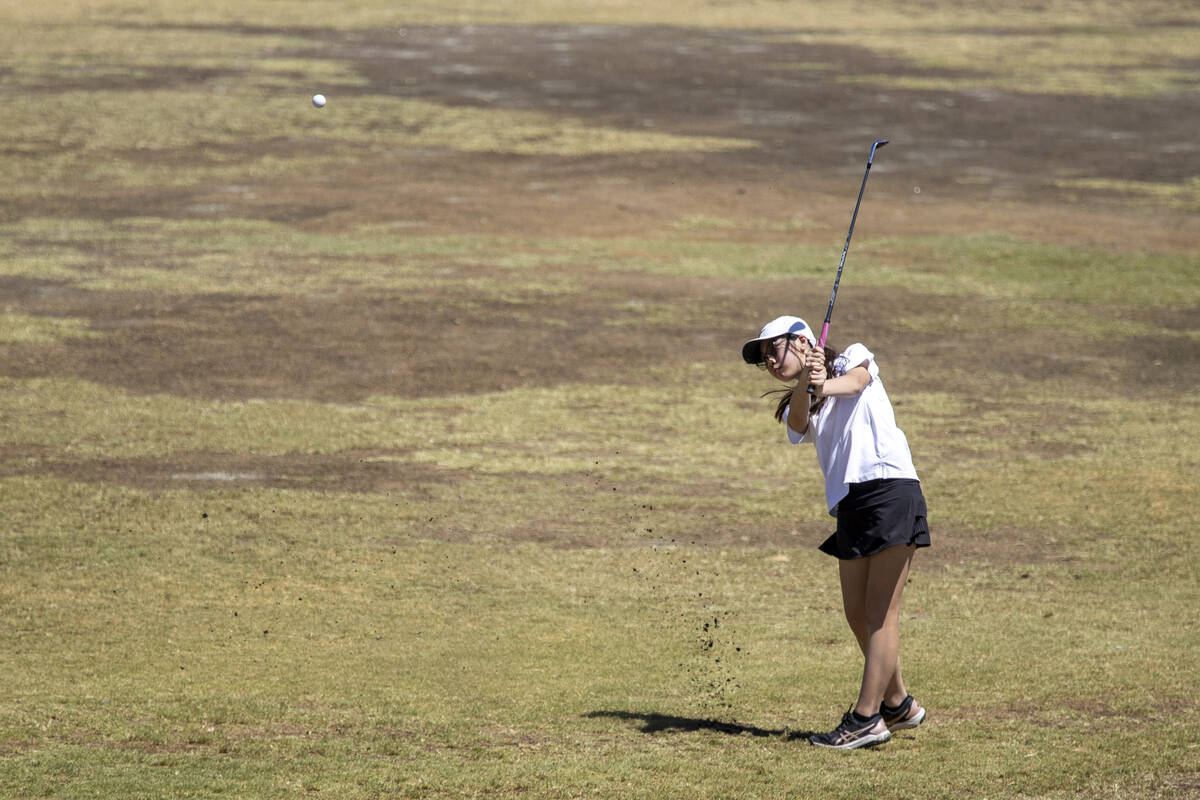 Clark’s Audrey Lac competes during the Class 5A Mountain League girls golf match at Ange ...