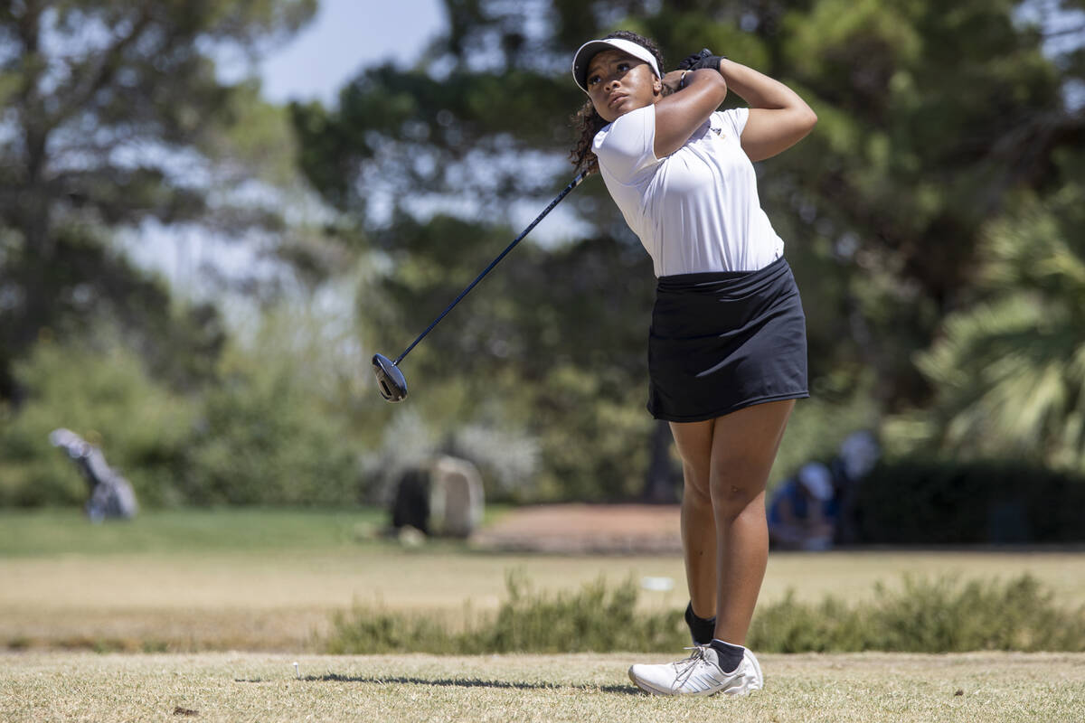 Clark’s Alliah Jordan drives her ball down the fairway during the Class 5A Mountain Leag ...