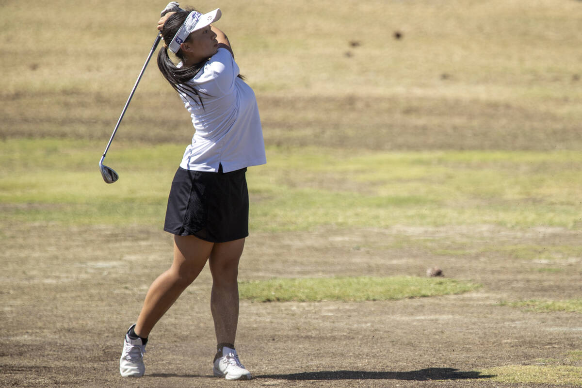 Clark’s Emma Allen competes during the Class 5A Mountain League girls golf match at Ange ...