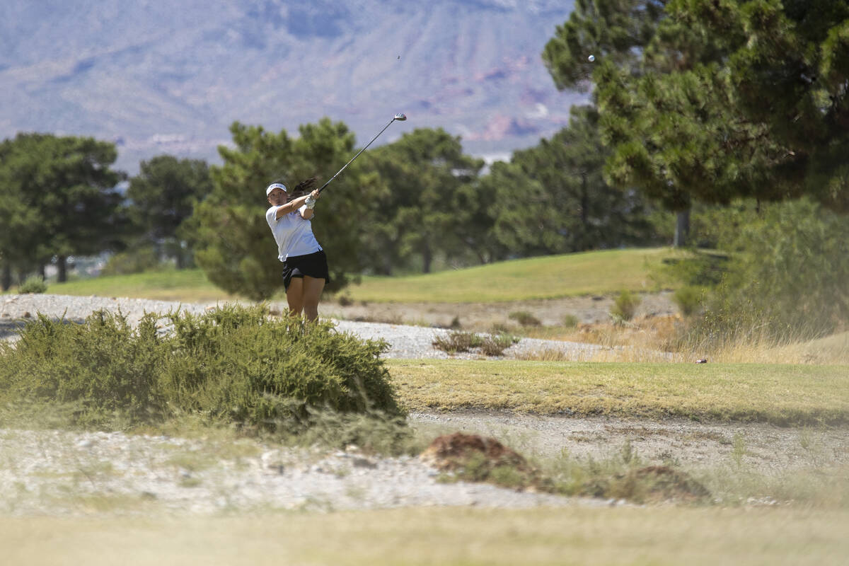 Clark’s Emma Allen drives her ball down the fairway during the Class 5A Mountain League ...