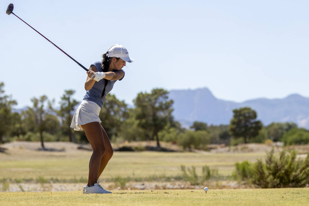 Bishop Gorman’s Alyson Wasserburger prepares to drive her ball down the fairway during t ...