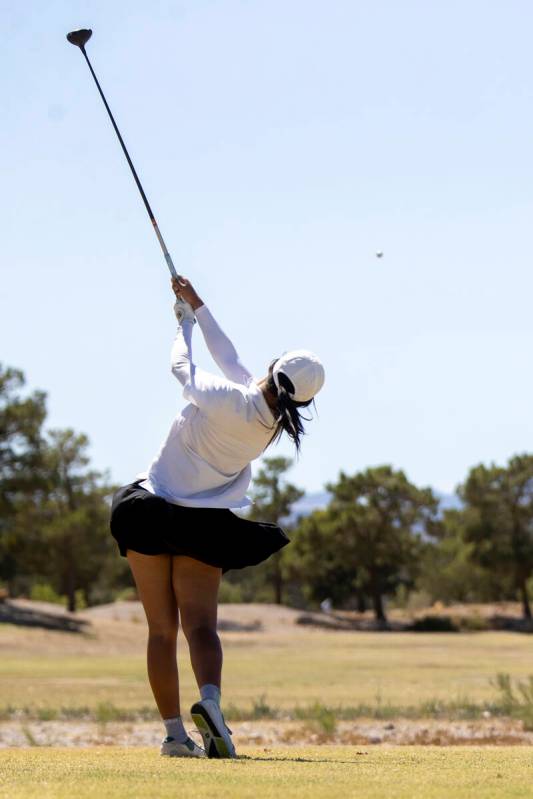 Clark’s Cydney Ha drives her ball down the fairway during the Class 5A Mountain League g ...