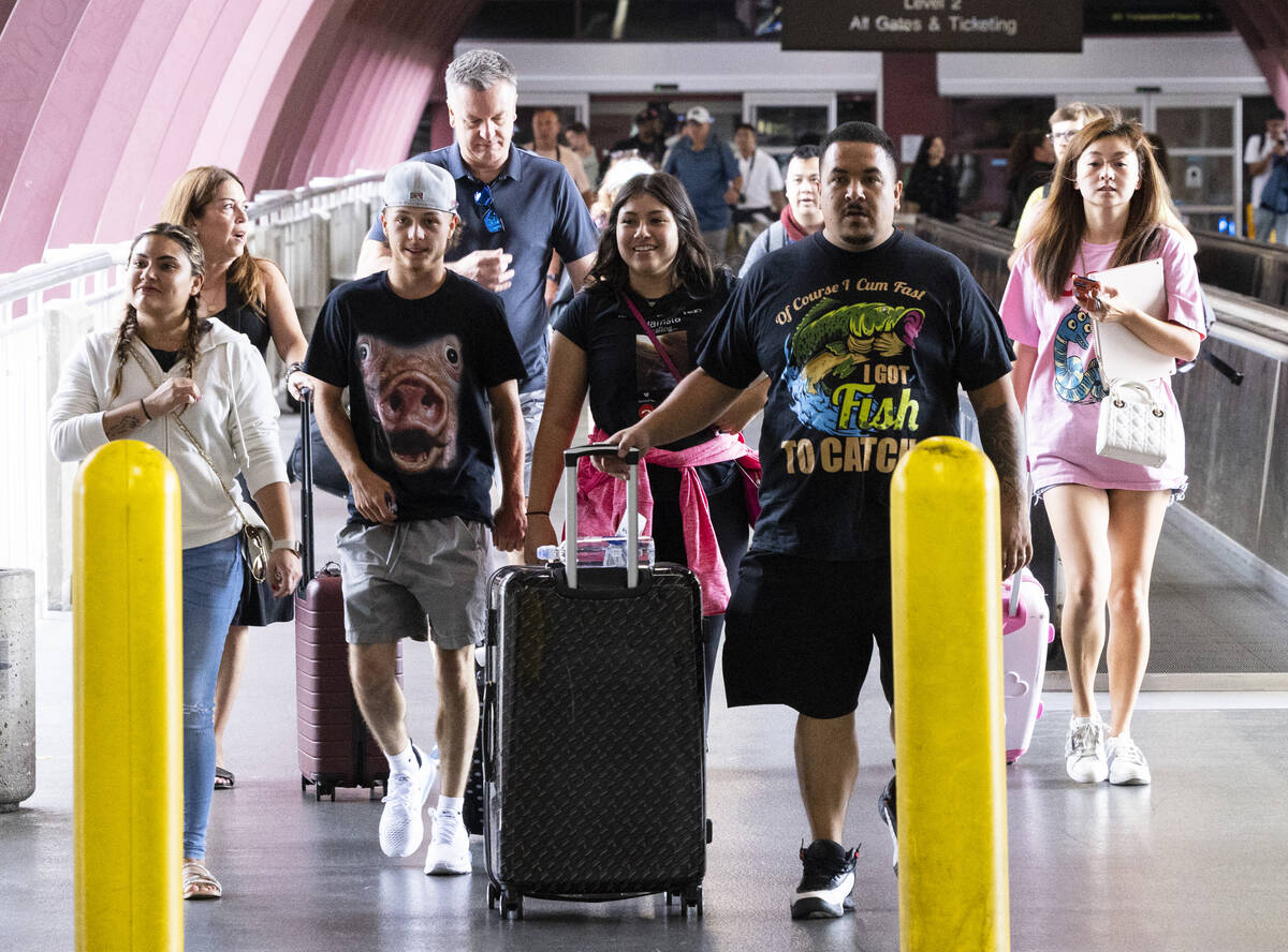 Arriving passengers head to the parking garage and Ride Share pickup location in Terminal 1 of ...