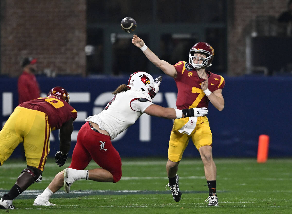 FILE - Southern California quarterback Miller Moss (7) throws a pass under pressure from Louisv ...