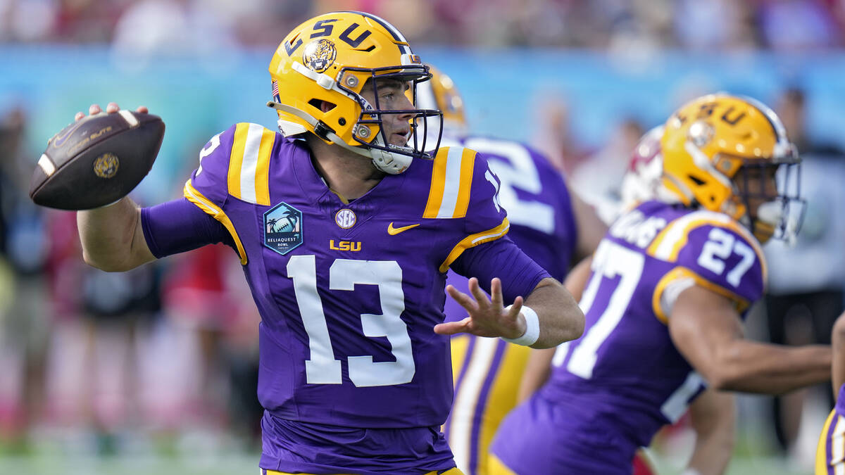 FILE - LSU quarterback Garrett Nussmeier throws a pass against Wisconsin during the first half ...