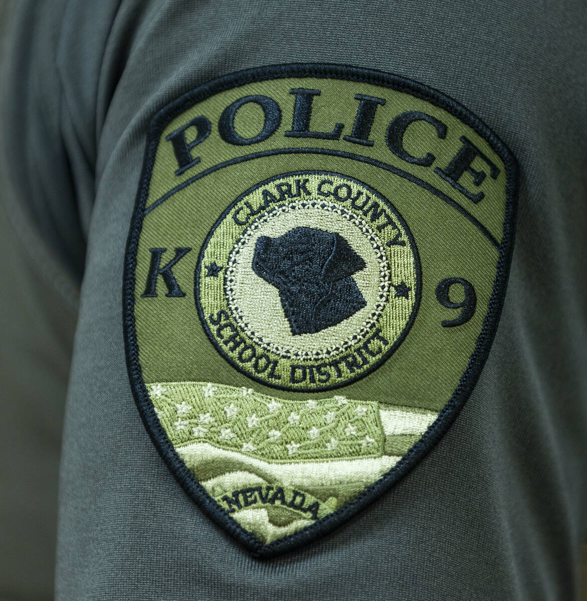 Patch worn on the uniform sleeve of Clark County School District K-9 officer Steven Patty on du ...