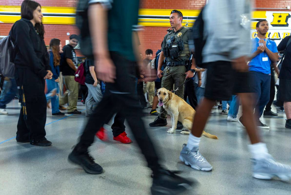 Clark County School District K-9 officer Steven Patty with his working dog Peppermint take a mo ...