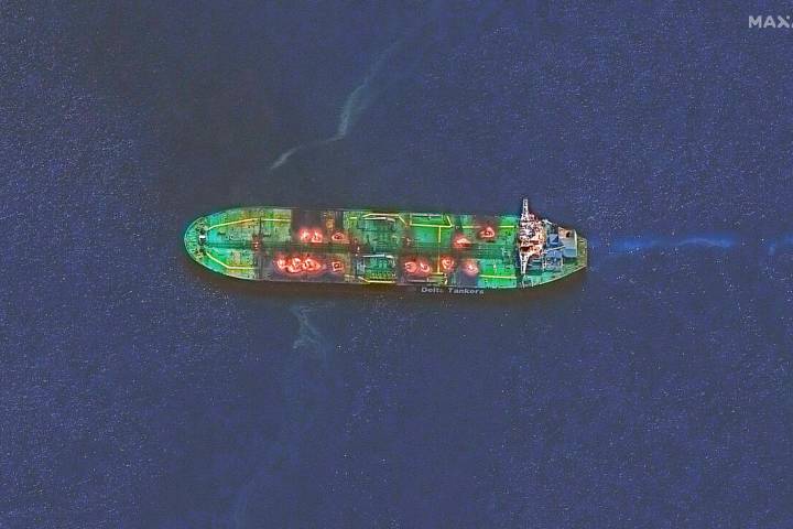 This image released by Maxar Technologies shows an overview of the Sounion oil tanker that was ...