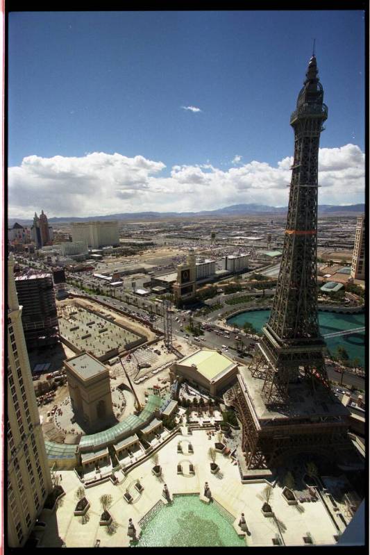 A view of the Las Vegas Strip from the 50-story replica of the Eiffel Tower and the roof of the ...