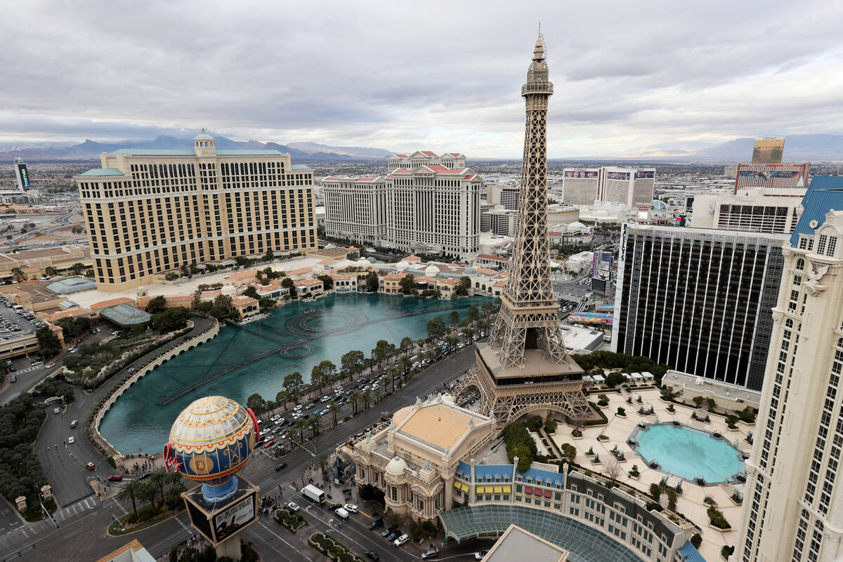 The Strip in Las Vegas, including Bellagio, Caesars Palace and Paris Las Vegas, from the roof o ...