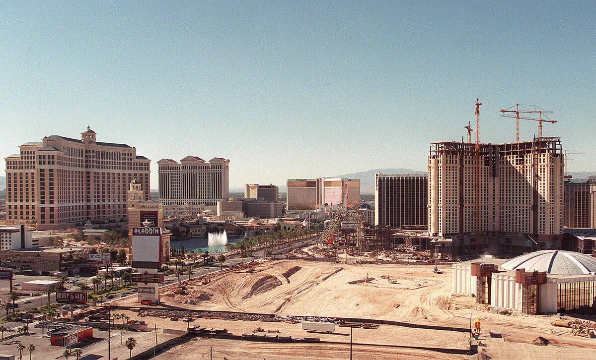 Construction on Las Vegas Strip from 1999 ahead of the opening of Bellagio, Aladdin and Paris. ...