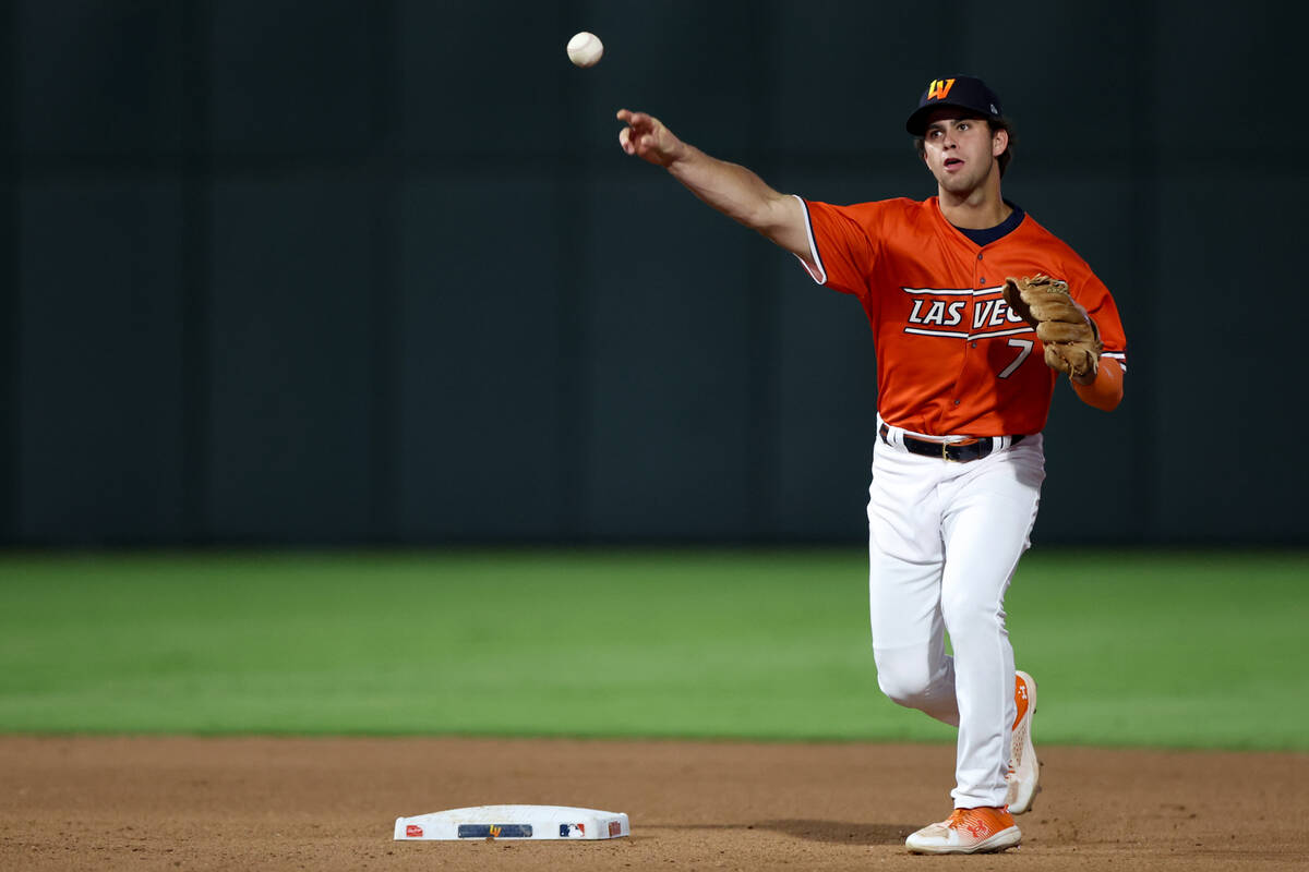 Las Vegas Aviators infielder Max Muncy (7) throws to first base for an out on the Oklahoma City ...