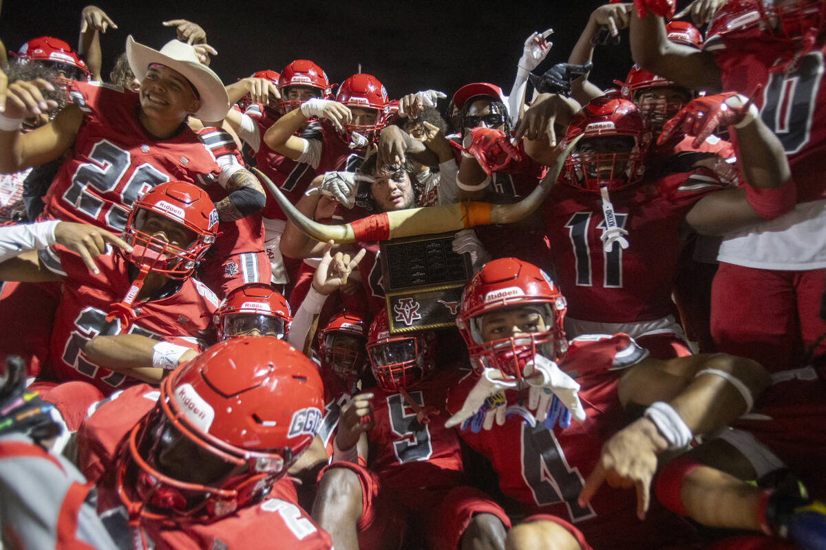 Arbor View celebrates defeating Legacy 49-7 after the Class 5A high school ‘Battle of th ...