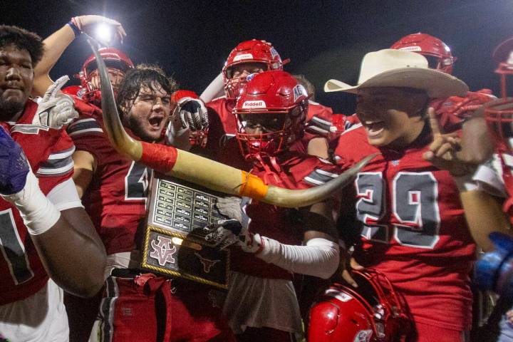 Arbor View celebrates defeating Legacy 49-7 after the Class 5A high school ‘Battle of th ...