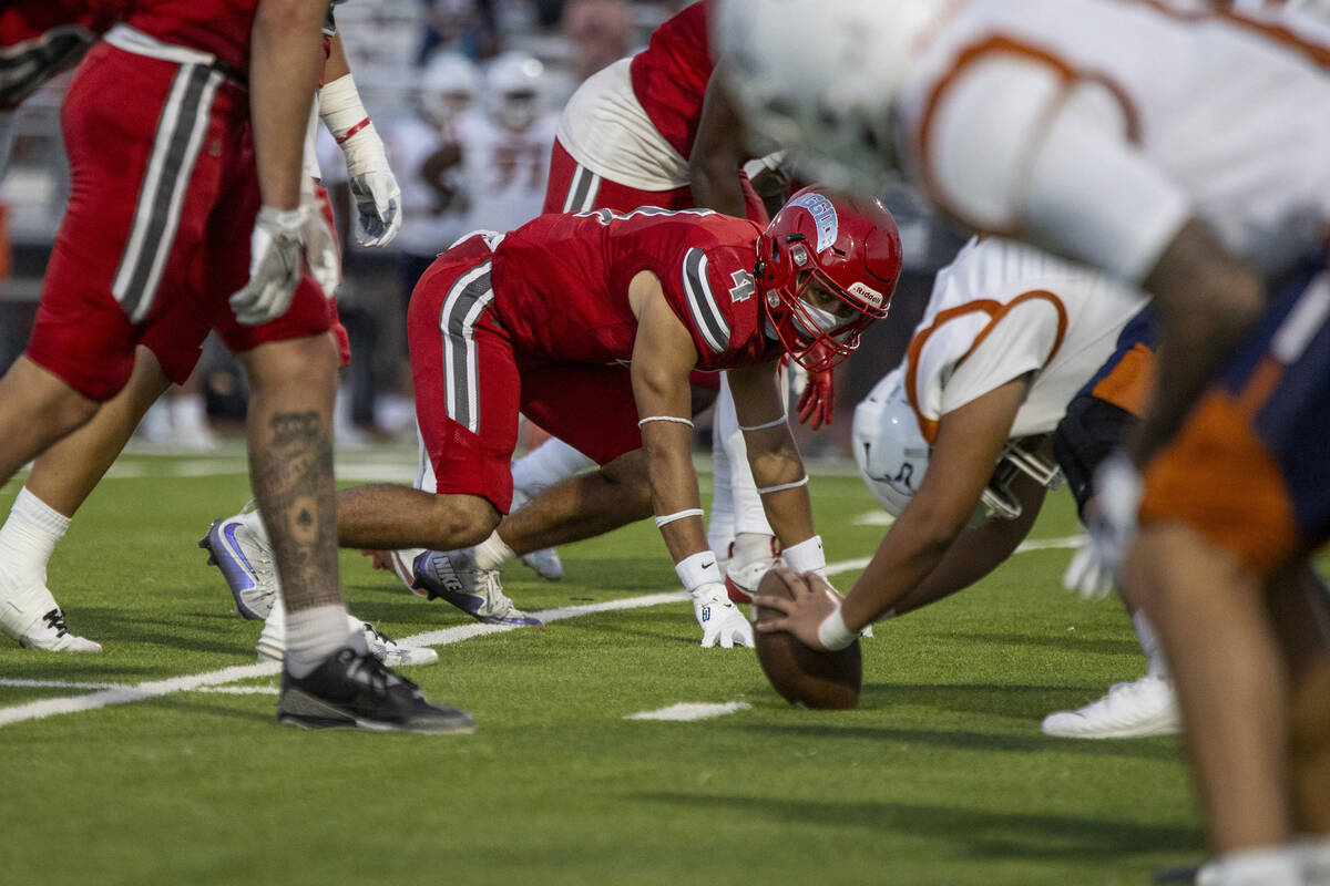 Arbor View strong safety Vicentico Pringle (4) prepares for the snap during the Class 5A high s ...