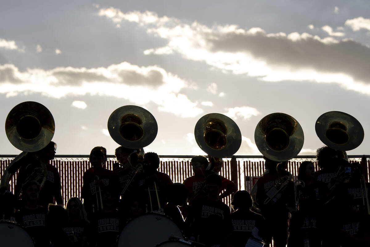 Arbor View sousaphones watch the Class 5A high school ‘Battle of the Bulls’ footb ...