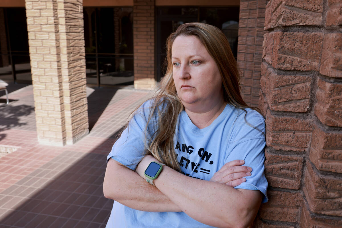 Sara Patterson, a juror in the murder trial of Robert Telles, poses in the courtyard at the Las ...