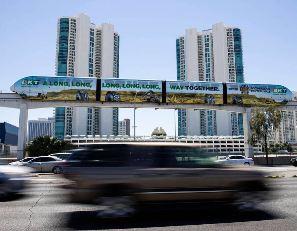 A Las Vegas Monorail is parked along Sahara Avenue near Sahara Las Vegas, on Tuesday, May 11, 2 ...