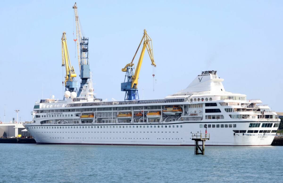 The Odyssey, a US cruise liner operated by Villa Vie Residences docked at Harland & Wolf ship r ...