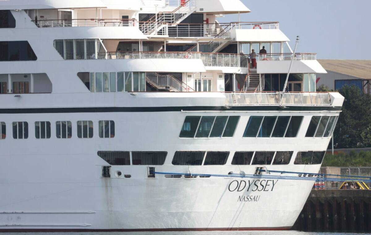 The Odyssey, a US cruise liner operated by Villa Vie Residences docked at Harland & Wolf ship r ...