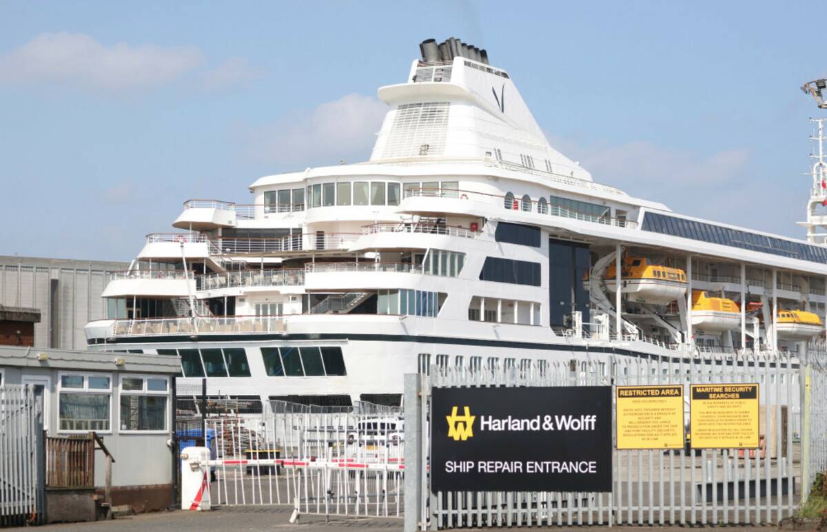 The Odyssey, a US cruise liner operated by Villa Vie Residences docked at Harland & Wolf ship r ...