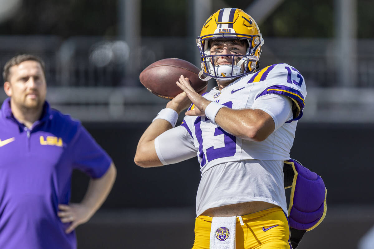 FILE - LSU quarterback Garrett Nussmeier (13) during an NCAA football game, Sept. 16, 2023, in ...