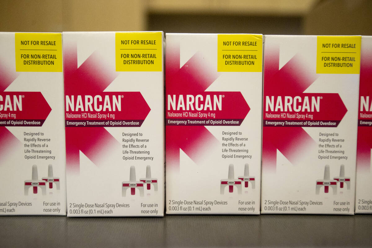 Multiple boxes of Naloxone HCI Nasal Spray are handed out for free during the Southern Nevada H ...