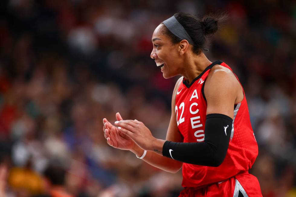 Las Vegas Aces center A'ja Wilson celebrates after scoring during the second half of a WNBA bas ...