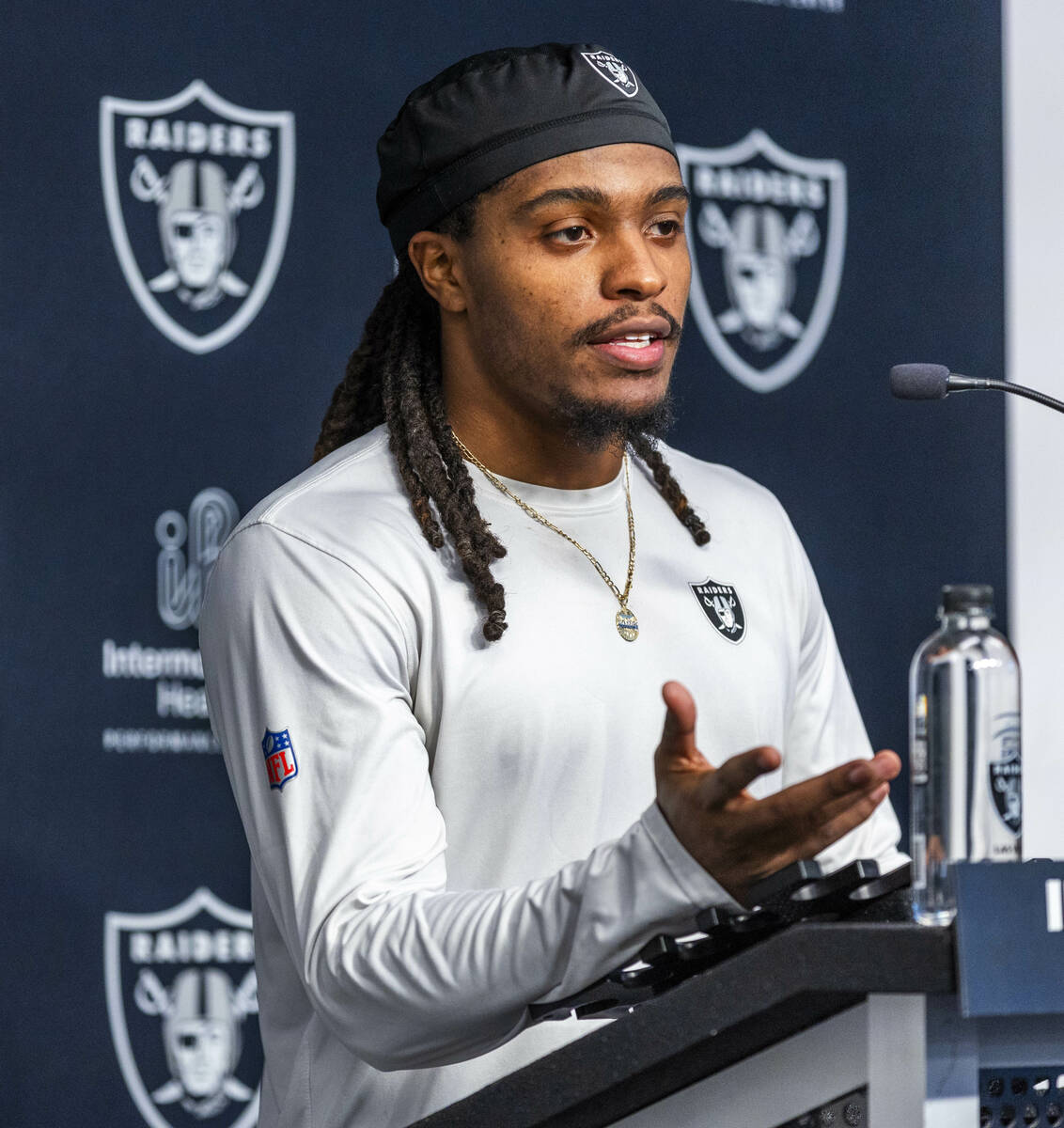 Raiders wide receiver Tyreik McAllister (32) answers a question during a media interview after ...