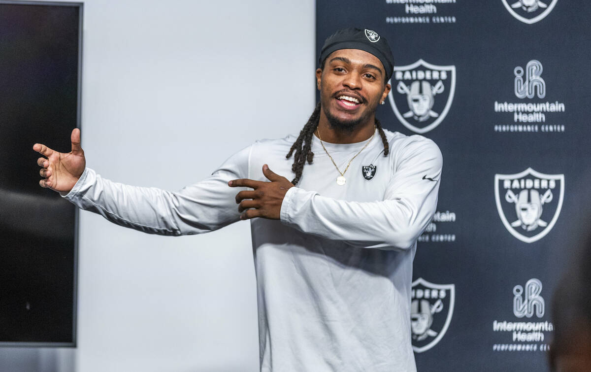 Raiders wide receiver Tyreik McAllister (32) answers a question during a media interview after ...