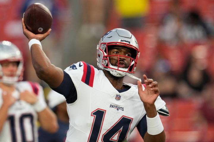 New England Patriots quarterback Jacoby Brissett (14) before an NFL preseason football game aga ...