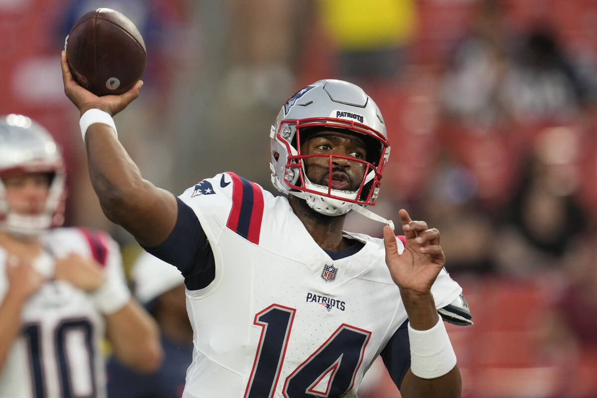 New England Patriots quarterback Jacoby Brissett (14) before an NFL preseason football game aga ...