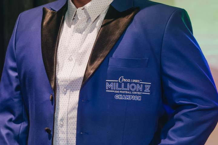 Matt Ste. Marie, the winner of the Circa Millions Contest, wears a jacket given to him by Circa ...