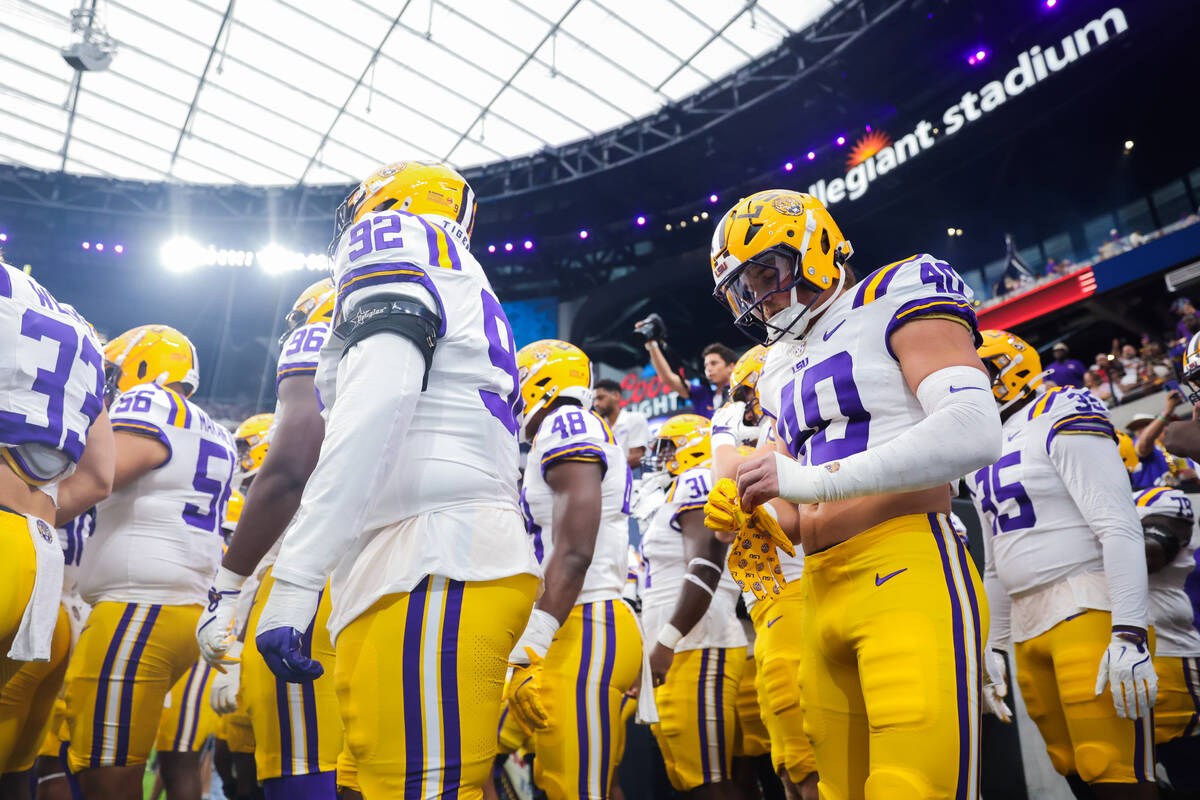 LSU players wait to enter the field during the Vegas Kickoff Classic NCAA football game between ...