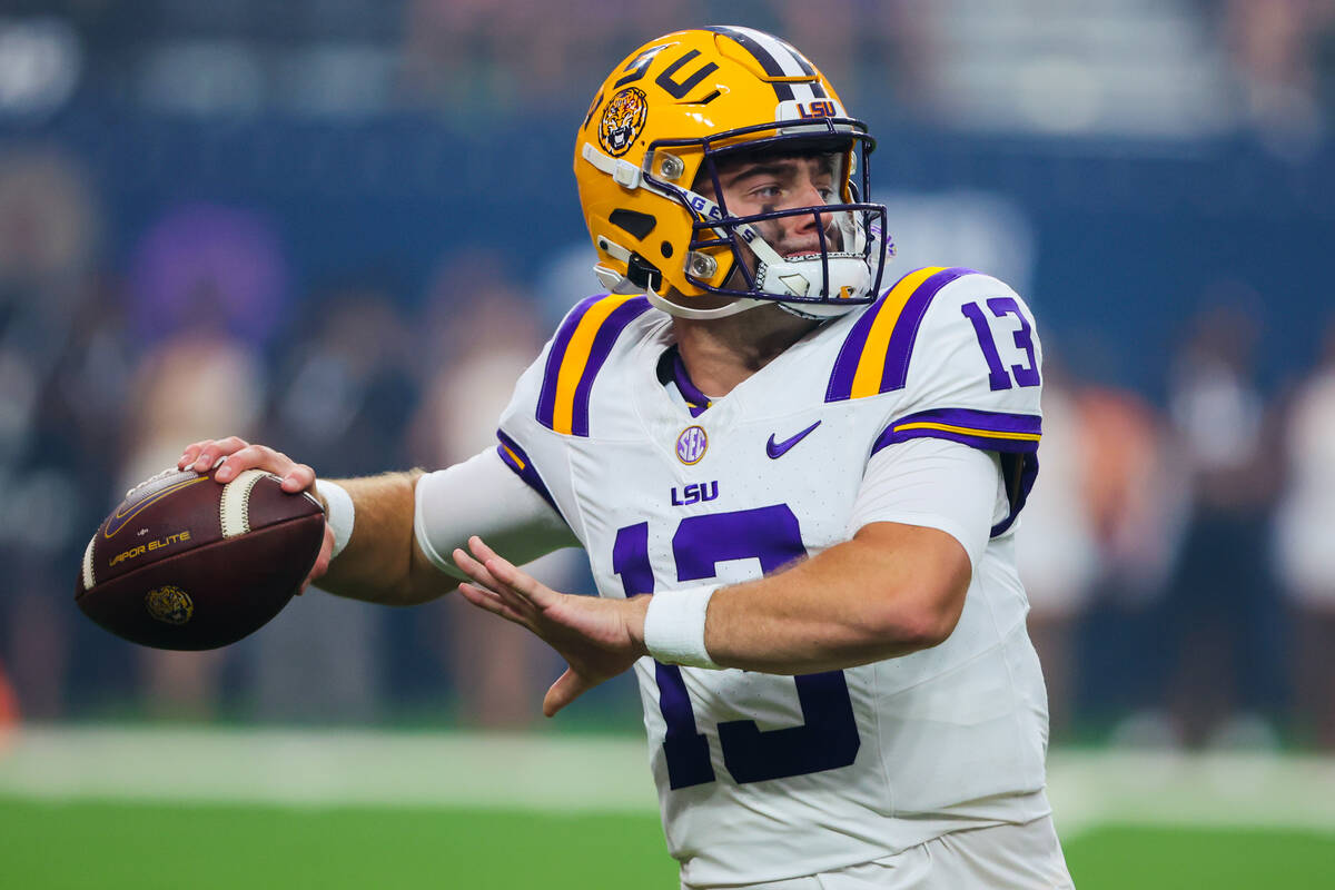 LSU quarterback Garrett Nussmeier (13) throws the ball during the Vegas Kickoff Classic NCAA fo ...