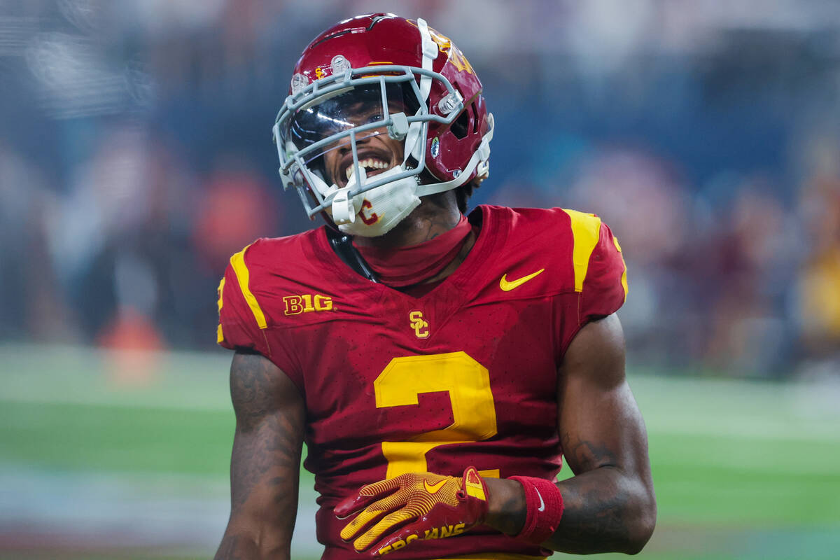 Southern California cornerback Jaylin Smith (2) smiles during the Vegas Kickoff Classic NCAA fo ...