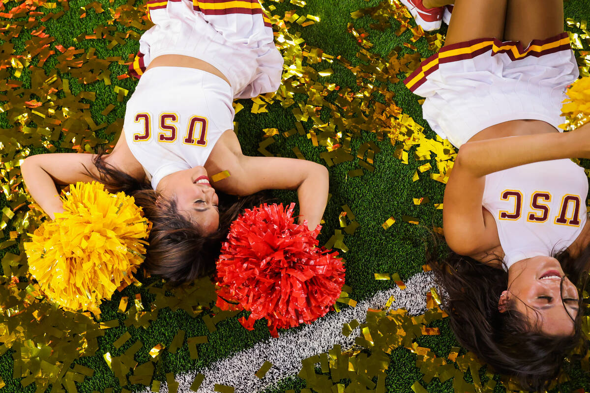 Southern California cheerleaders celebrate winning the Vegas Kickoff Classic NCAA football game ...