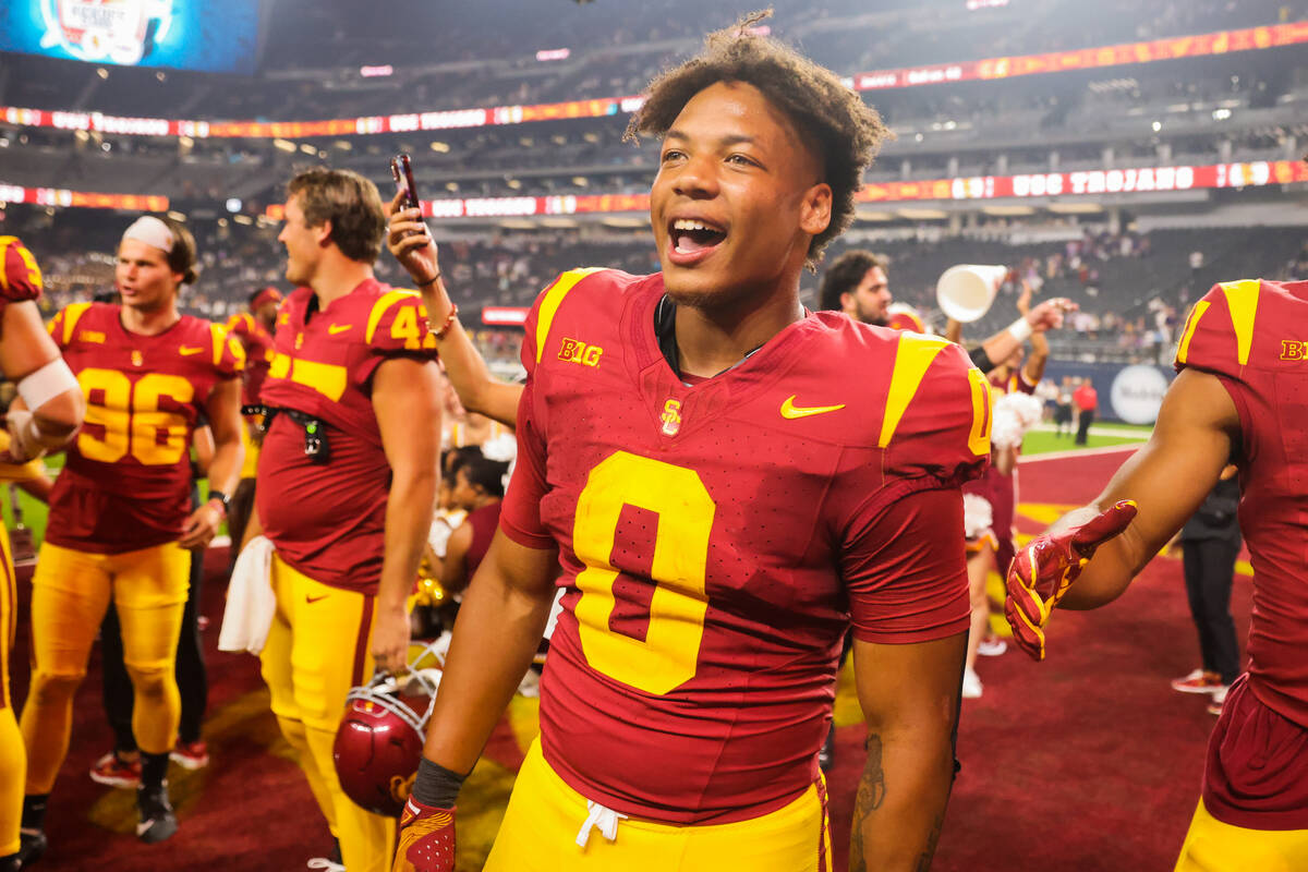 Southern California running back Quinten Joyner celebrates winning the Vegas Kickoff Classic NC ...