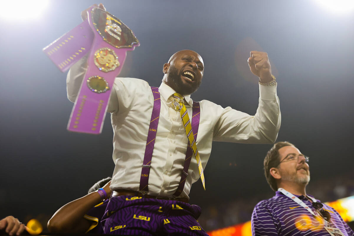 An LSU fan cheers for his team during the Vegas Kickoff Classic NCAA football game between LSU ...