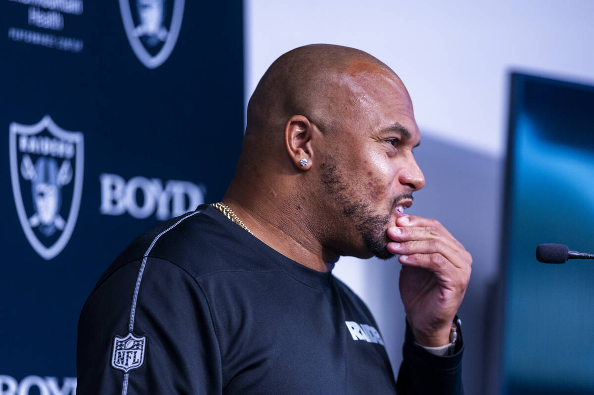 Raiders head coach Antonio Pierce speaks at the Intermountain Health Performance Center on Wedn ...