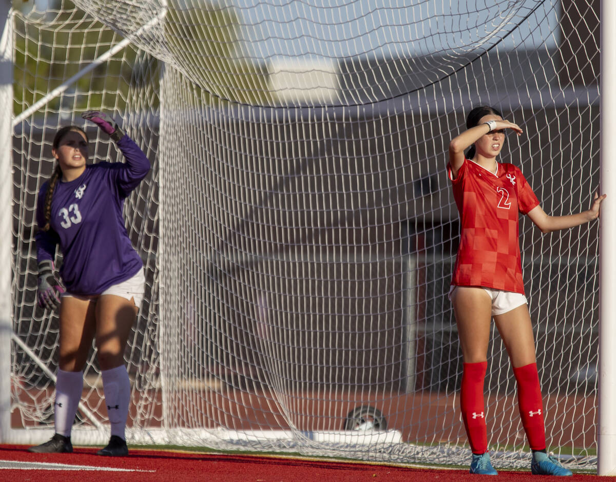 Arbor View senior Molly Marsh (2) waits for a corner kick during the high school girls soccer m ...