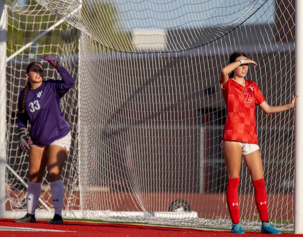 Arbor View senior Molly Marsh (2) waits for a corner kick during the high school girls soccer m ...