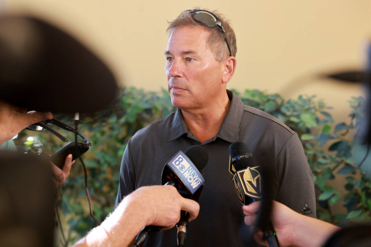 Vegas Golden Knights coach Bruce Cassidy speaks to the news media during the 2024 VGK Golf Clas ...